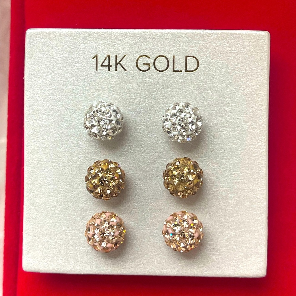 Three Pairs of 14K Real Gold Stud Earrings: White Gold, Yellow and Rose Gold